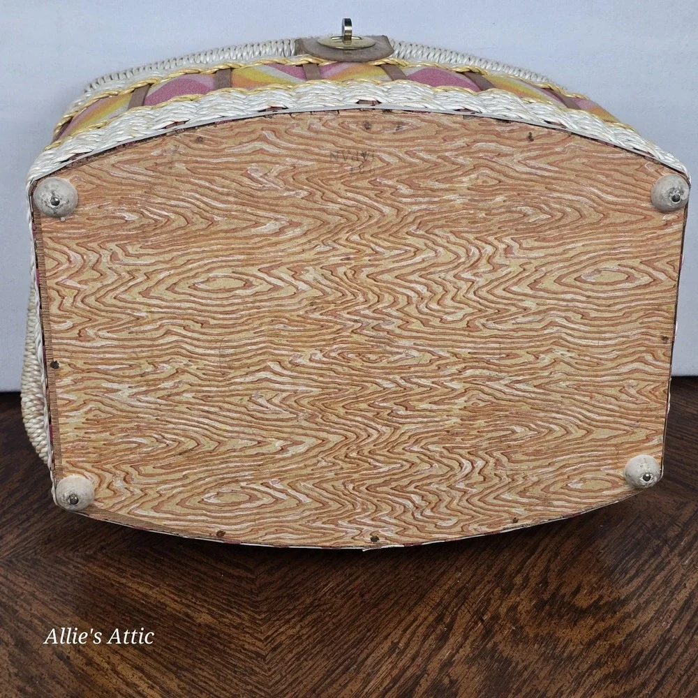 Vintage 70s Sewing Basket Pink‎ Yellow White Mod Notions Box Handle Japan 12